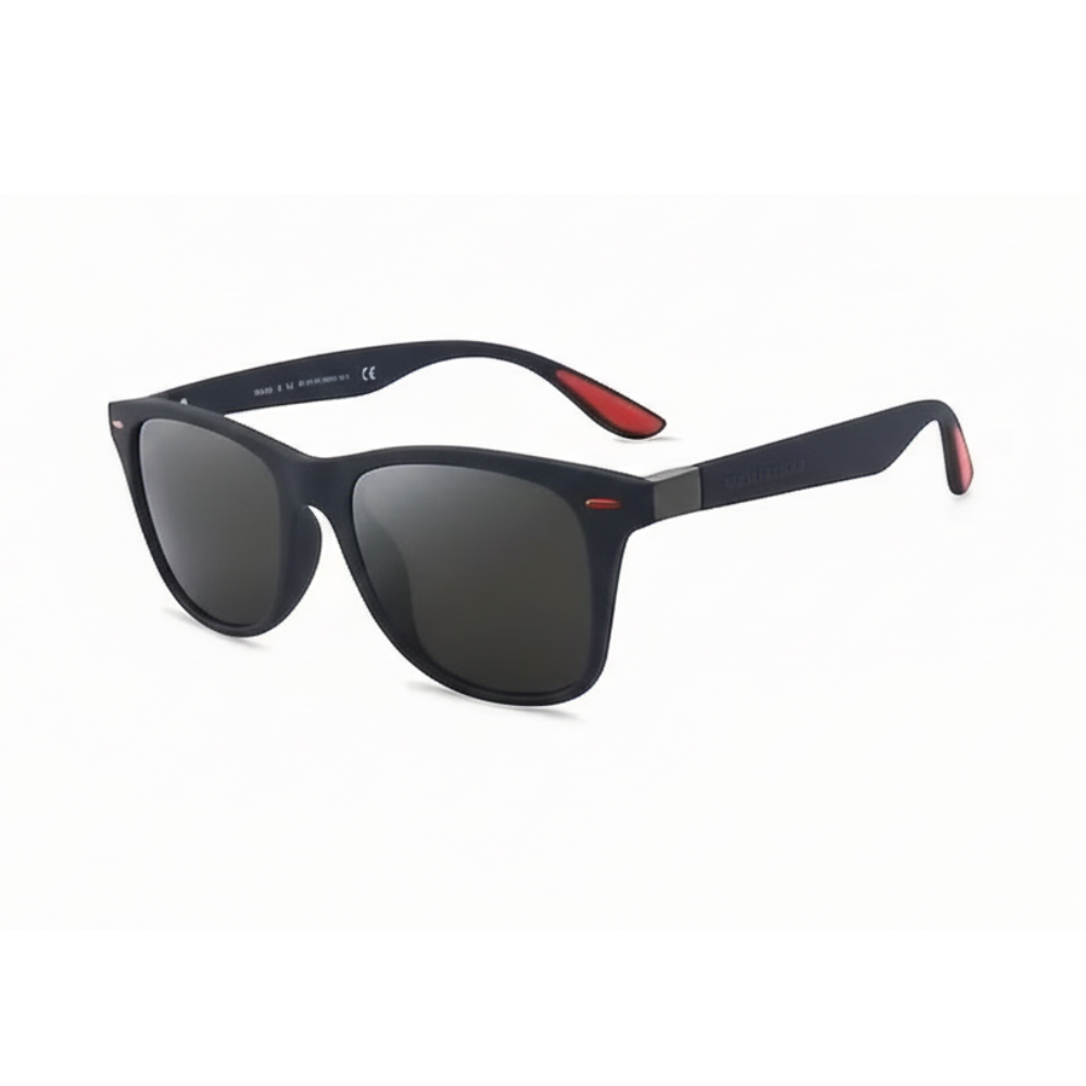 Mity Wayfarer: Matte Black Polarized Sunglasses with Red Detail